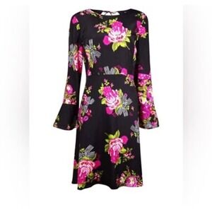 Betsey Johnson Floral Bell Sleeve Dress Womens 12 Black Pink Roses
